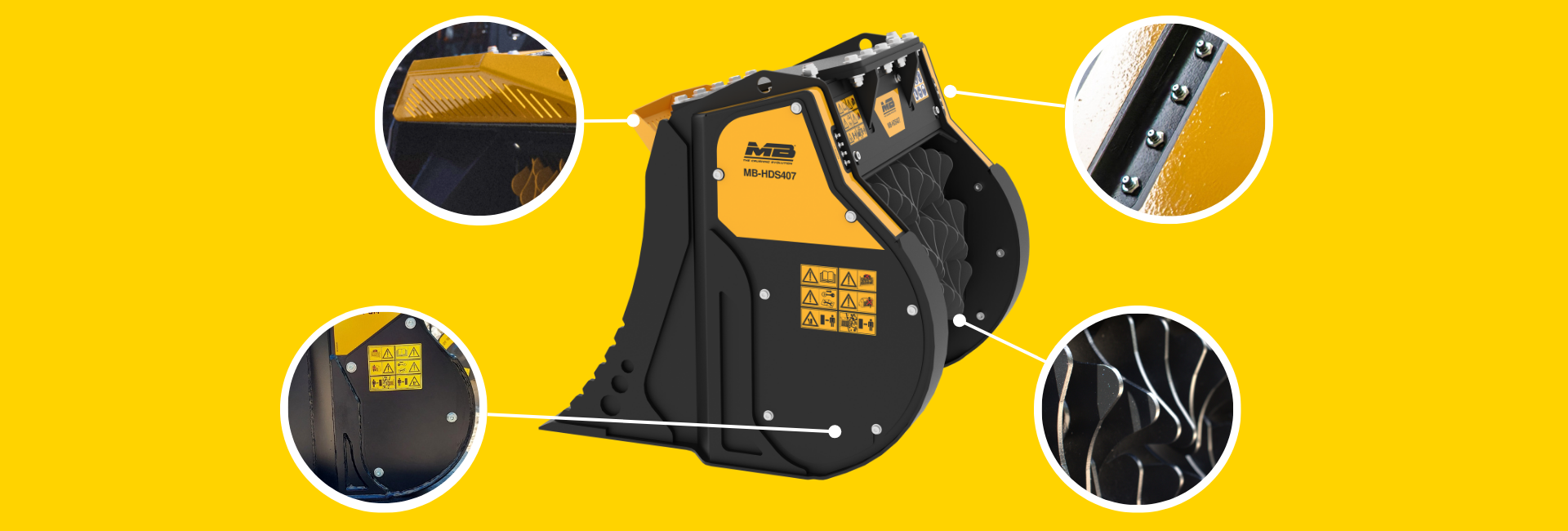 Close-up view of the compact MB-HDS407 padding bucket, ideal for skid steers and mini excavators in the US.